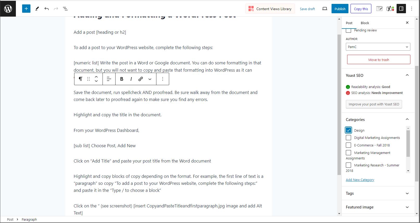 screenshot of Word Presses blog formating